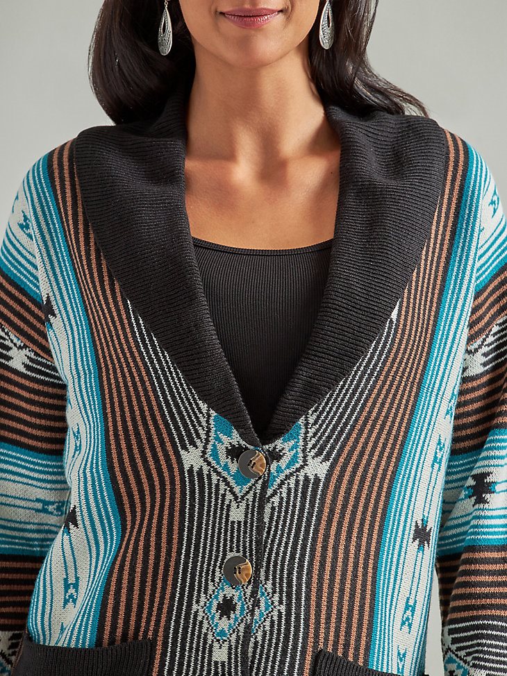 Women's Wrangler Retro Geo Shawl Collar Cardigan Sweater in Black