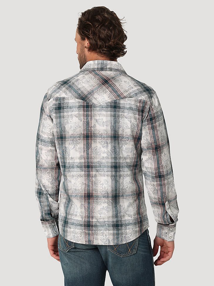 Men's Wrangler Retro Premium Long Sleeve Western Snap Overprint Shirt in White Gray