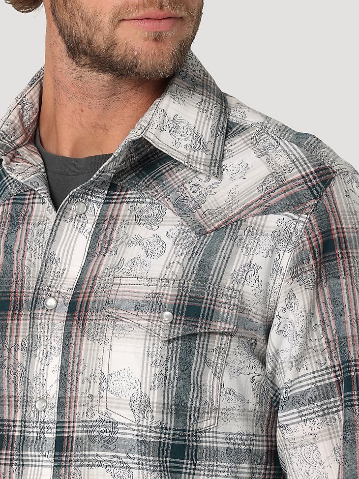 Men's Wrangler Retro Premium Long Sleeve Western Snap Overprint Shirt in White Gray