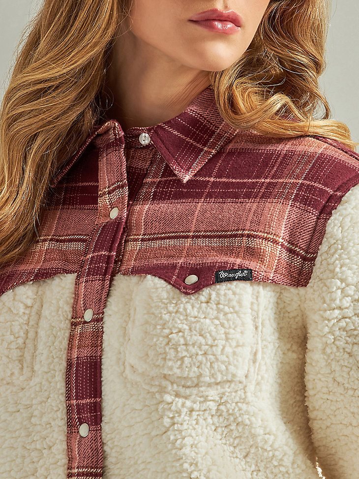 Women's Wrangler Retro Western Boyfriend Sherpa Shirt Jacket in Antique White