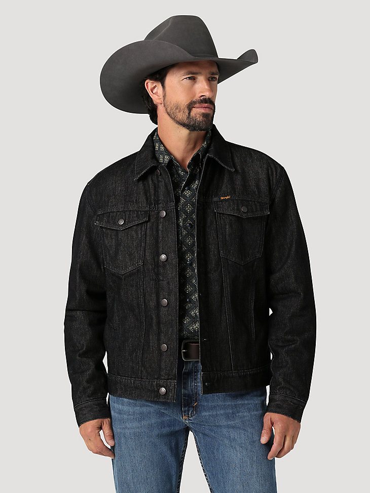 Wrangler Cowboy Cut Sherpa Lined Denim Jacket in Black Obelisk
