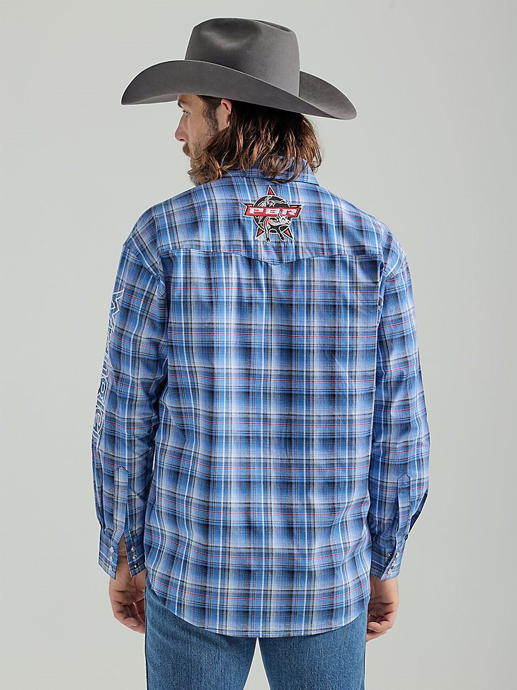 Men's PBR Logo Long Sleeve Plaid Western Snap Shirt in Navy Blue