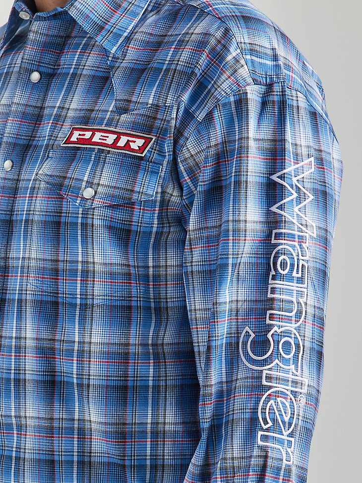 Men's PBR Logo Long Sleeve Plaid Western Snap Shirt in Navy Blue