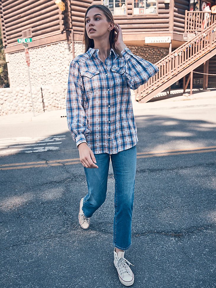 Women's Balloon Sleeve Plaid Shirt in Federal Blue