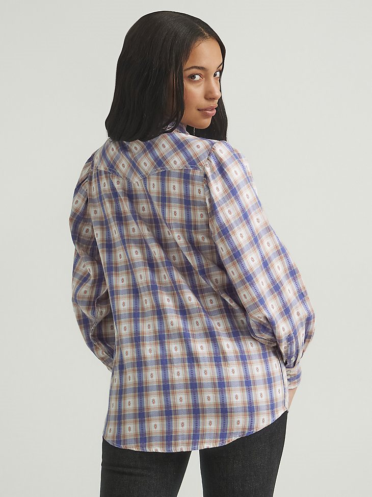 Women's Balloon Sleeve Plaid Shirt in Federal Blue