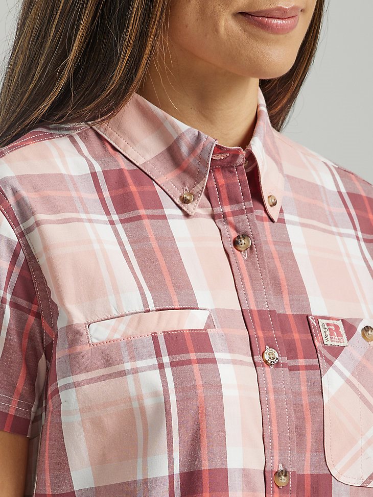 Women's Wrangler RIGGS Workwear Short Sleeve Foreman Button Down Shirt in Pink Berry
