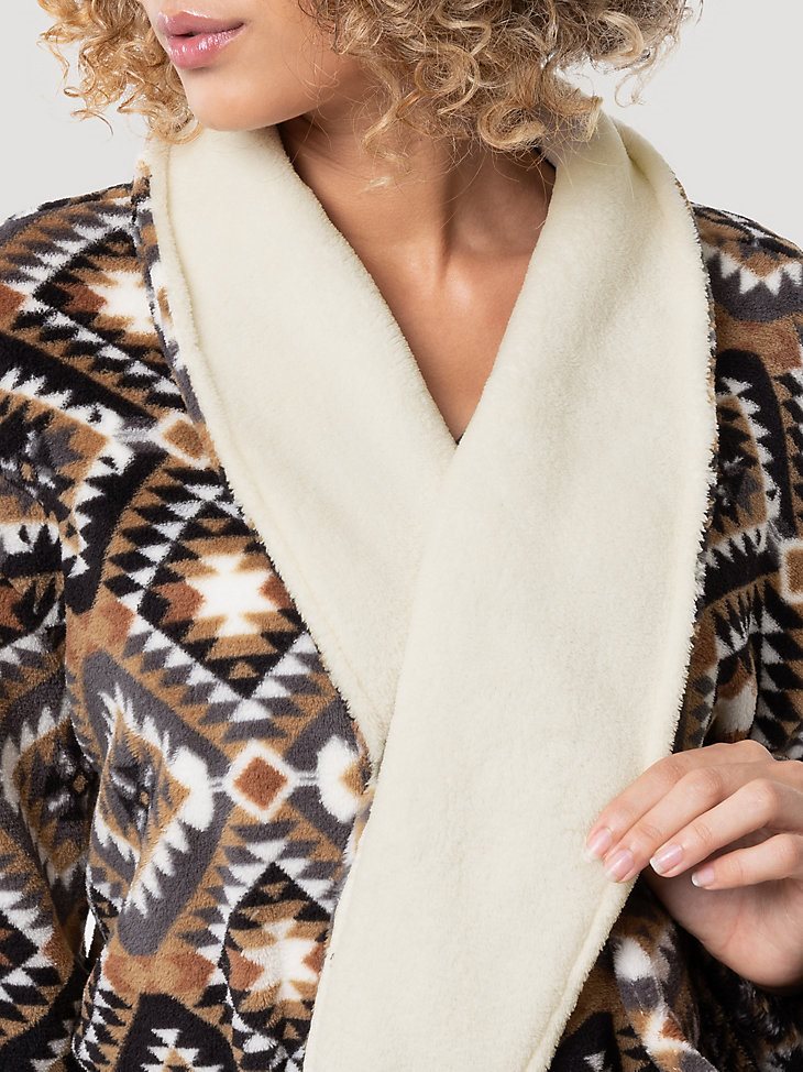Flannel Printed Sherpa Lined Robe in Tan