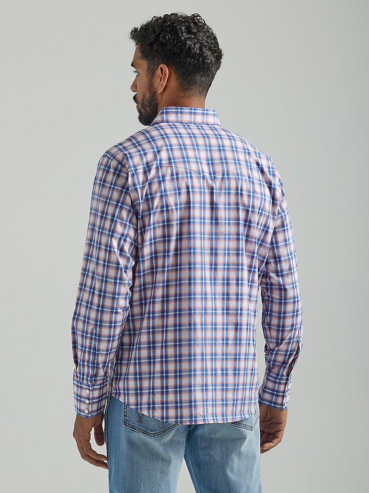 Men's Wrinkle Resist Long Sleeve Western Snap Plaid Shirt in Blue Orange