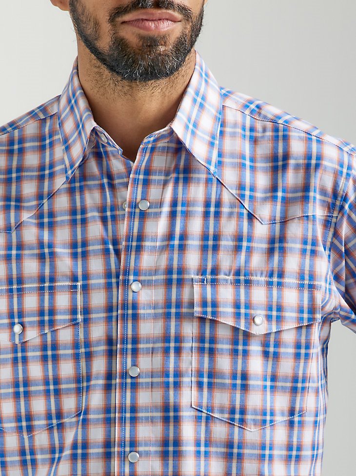 Men's Wrinkle Resist Long Sleeve Western Snap Plaid Shirt in Blue Orange