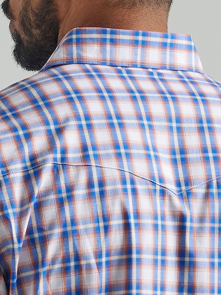 Men's Wrinkle Resist Long Sleeve Western Snap Plaid Shirt in Blue Orange