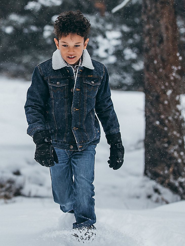 Boy’s Wrangler Western Styled Sherpa Lined Denim Jacket Rustic in Rustic Blue
