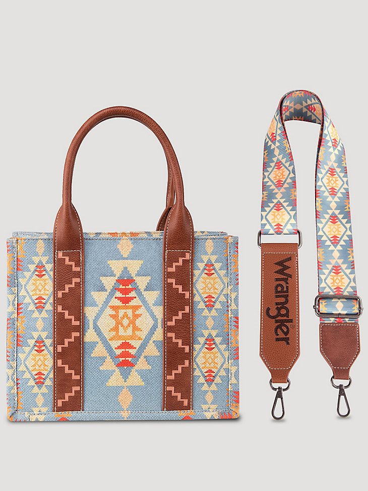 Southwestern Print Cross Body Canvas Mini Tote in Light Blue