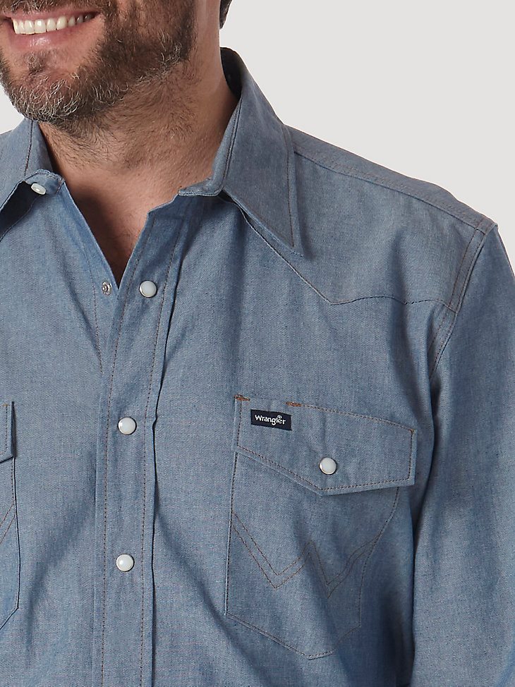 Cowboy Cut Firm Finish Long Sleeve Western Snap Solid Work Shirt in Chambray Blue