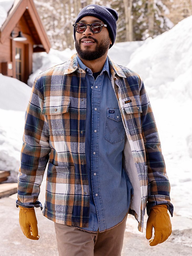 Men's Wrangler Sherpa Lined Flannel Shirt Jacket in Blue Spruce