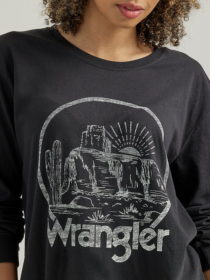 Women's Long Sleeve Watercolor Desert Graphic Tee in Washed Black
