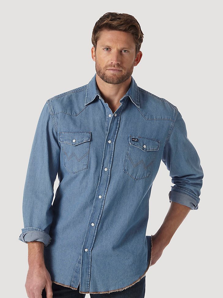 Cowboy Cut Long Sleeve Western Denim Snap Work Shirt in Stonewash