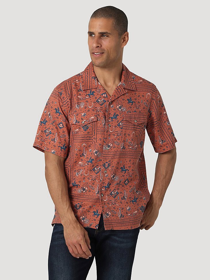 Wrangler Coconut Cowboy Snap Front Camp Shirt in Rodeo Red