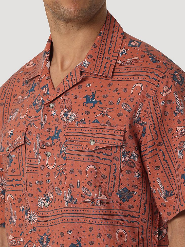 Wrangler Coconut Cowboy Snap Front Camp Shirt in Rodeo Red