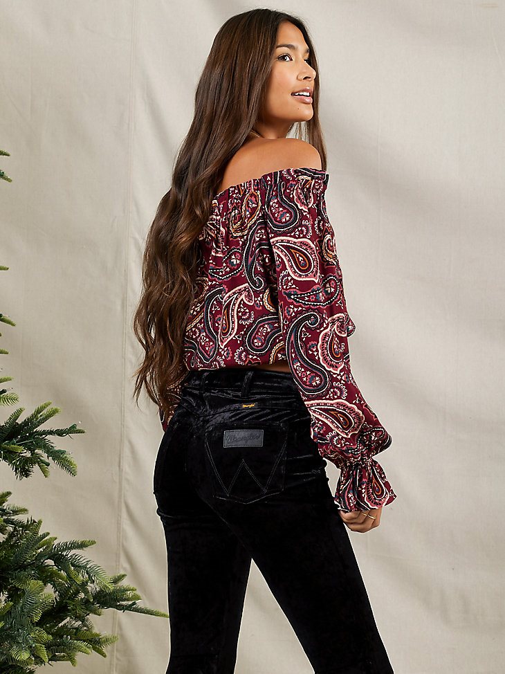 Women's Wrangler Retro Velvet High Rise Trumpet Flare Jean in Black Velvet