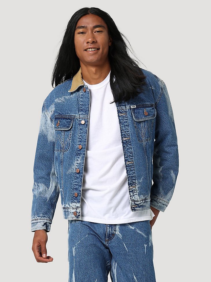 Men's Sherpa Lined Denim Jacket in Tie And Dye Bleach