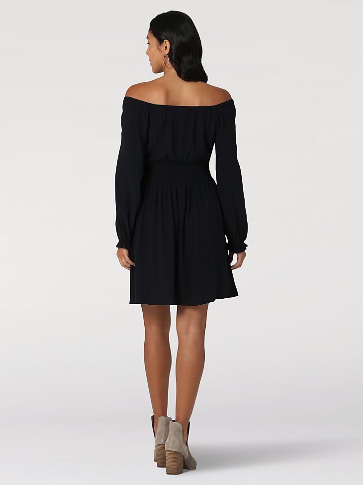 Women's Off Shoulder Smocked Corset Waist Mini Dress in Black Beauty