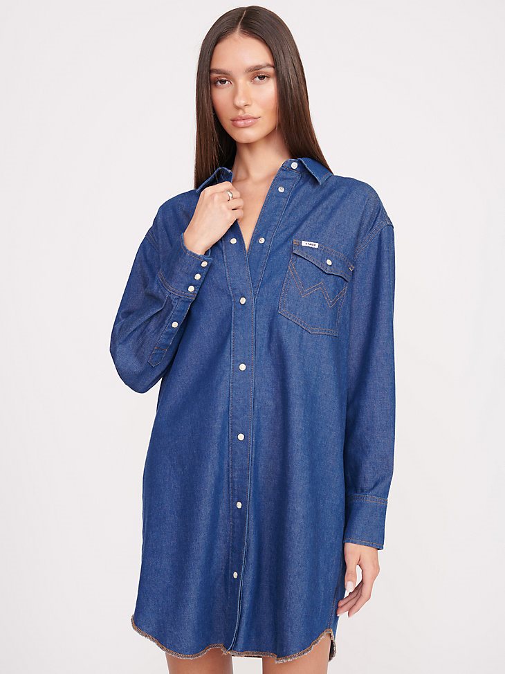 Wrangler + STAUD The Oversized Western Shirt in Dark Rinse