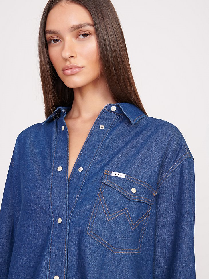 Wrangler + STAUD The Oversized Western Shirt in Dark Rinse