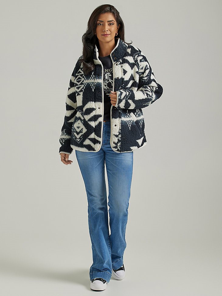 Women's Wrangler Retro Printed Sherpa Snap Jacket in Black /White