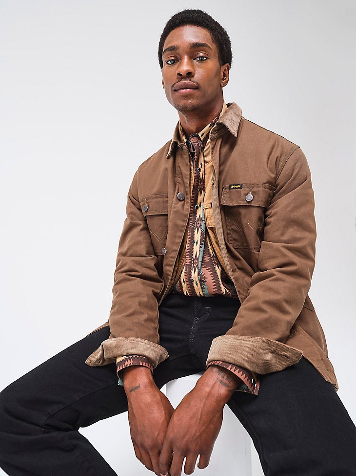 Men's Western Lined Canvas Barn Coat in Waxed Chocolate Chip