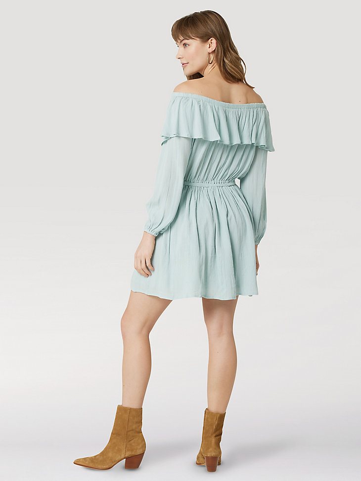 Women's Wrangler Ruffle Off Shoulder Dress in Light Teal