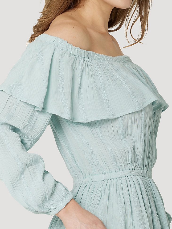 Women's Wrangler Ruffle Off Shoulder Dress in Light Teal