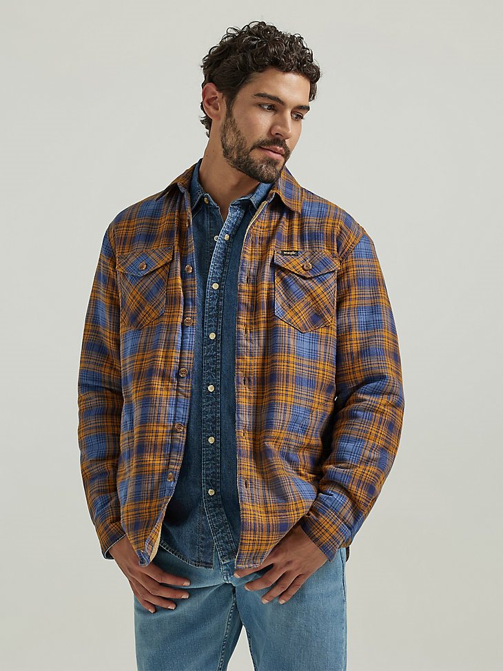 Men's Heavyweight Sherpa Lined Plaid Shirt Jacket in Vintage Indigo