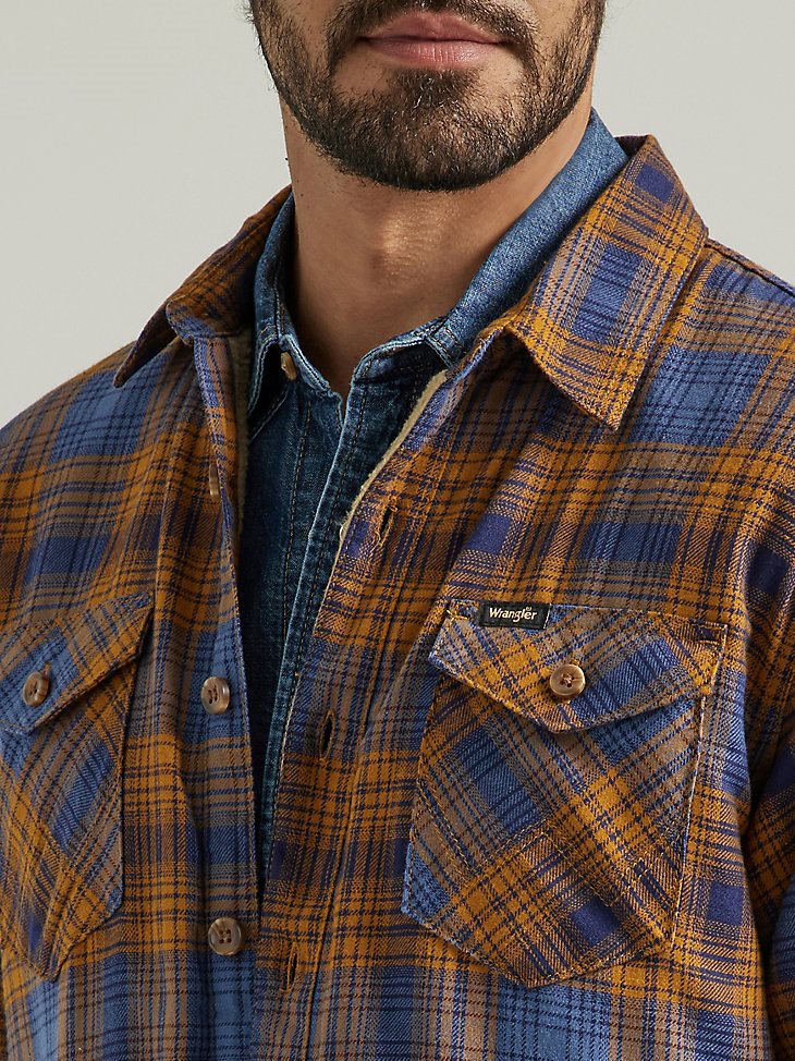 Men's Heavyweight Sherpa Lined Plaid Shirt Jacket in Vintage Indigo