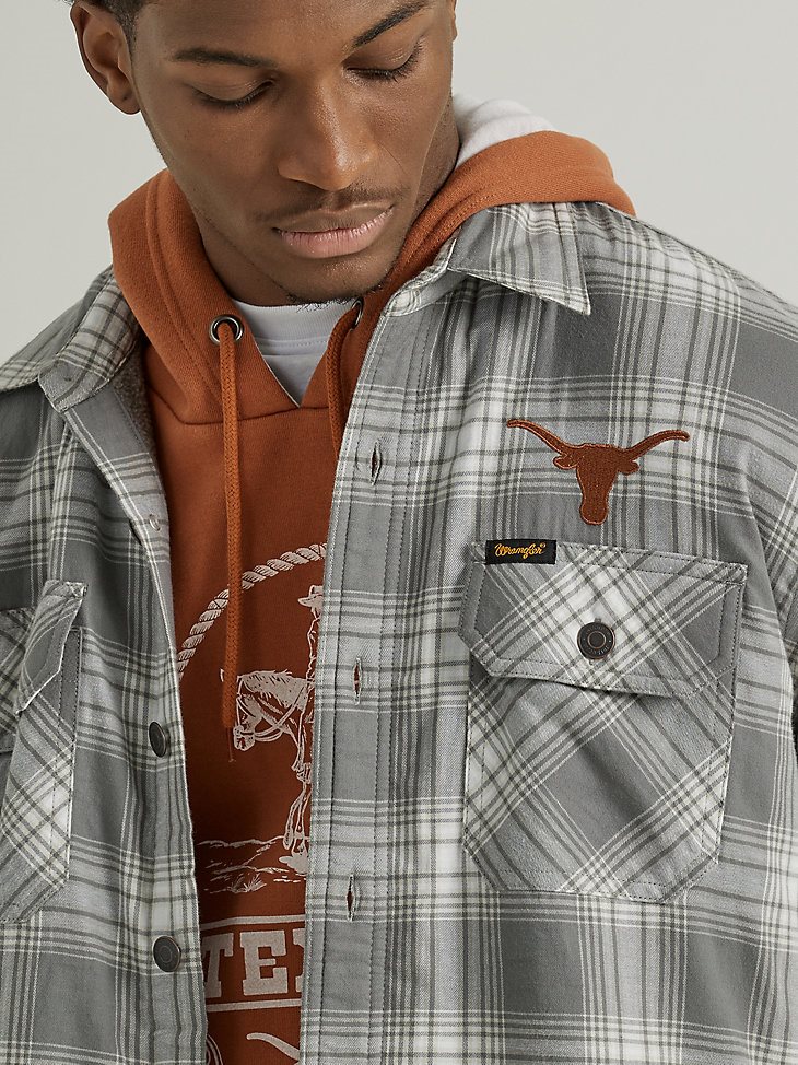 Men's Wrangler Collegiate Sherpa Lined Flannel Shirt Jacket in University of Texas