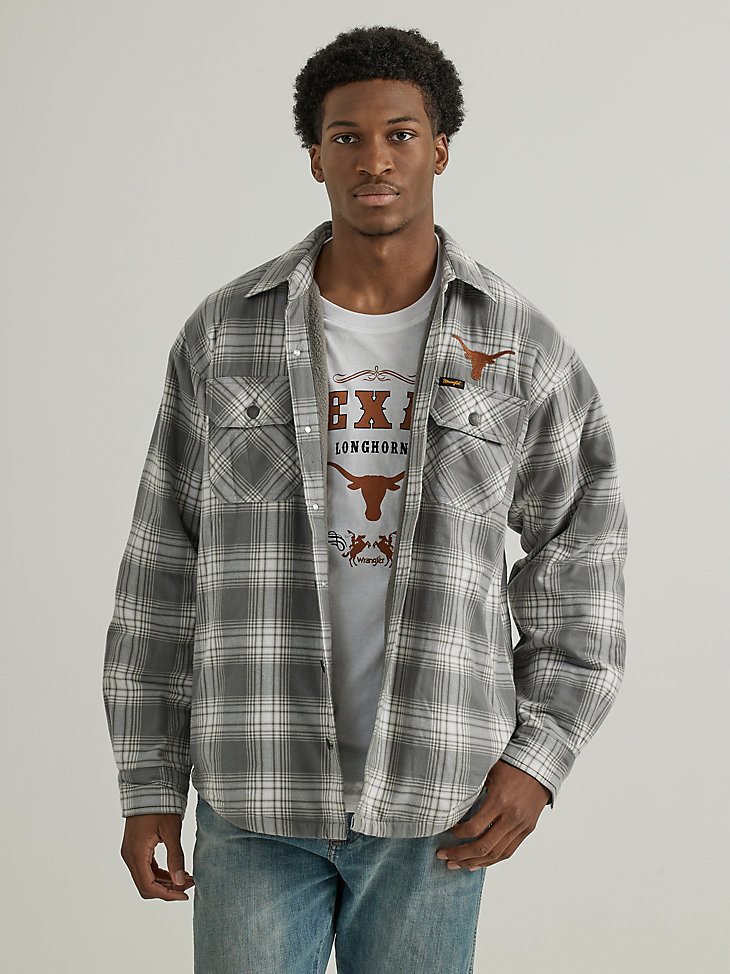 Men's Wrangler Collegiate Sherpa Lined Flannel Shirt Jacket in University of Texas