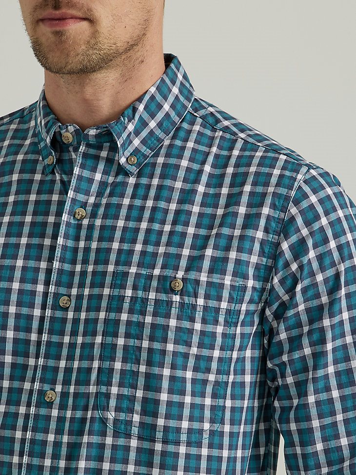 Wrangler Rugged Wear Long Sleeve Wrinkle Resist Plaid Button-Down Shirt in Teal Navy