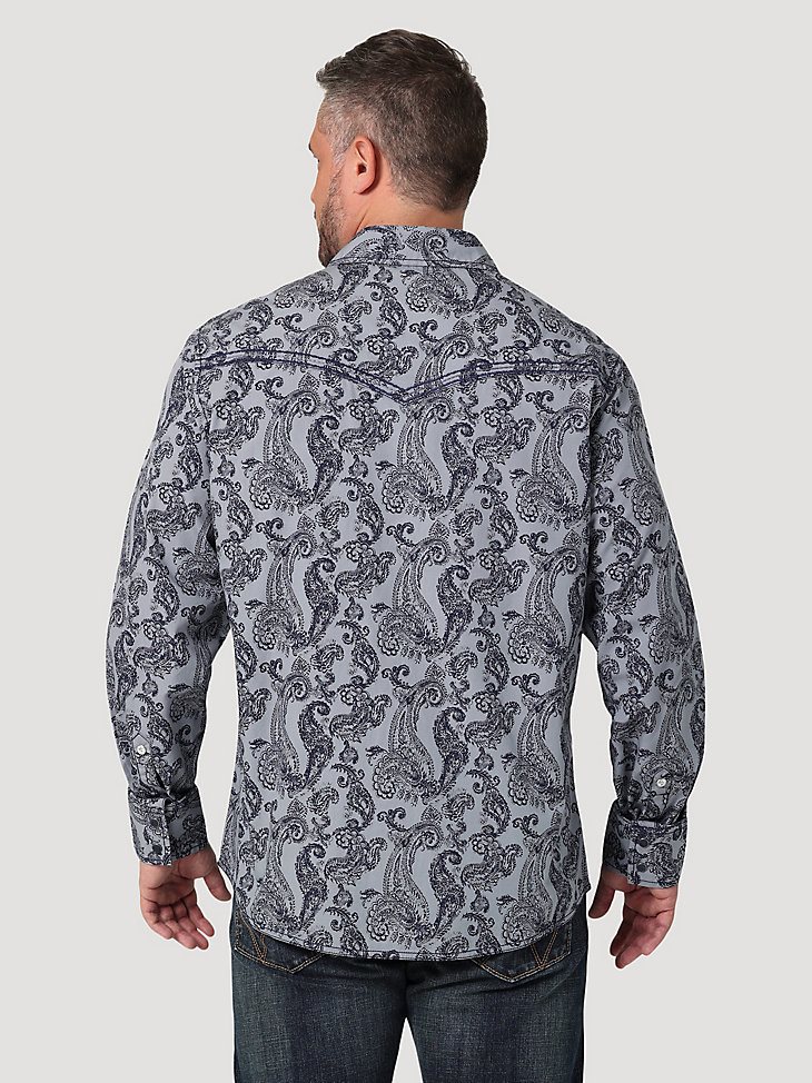 Men's Rock 47 by Wrangler Long Sleeve Embroidered Yoke Western Snap Shirt in Navy Wave