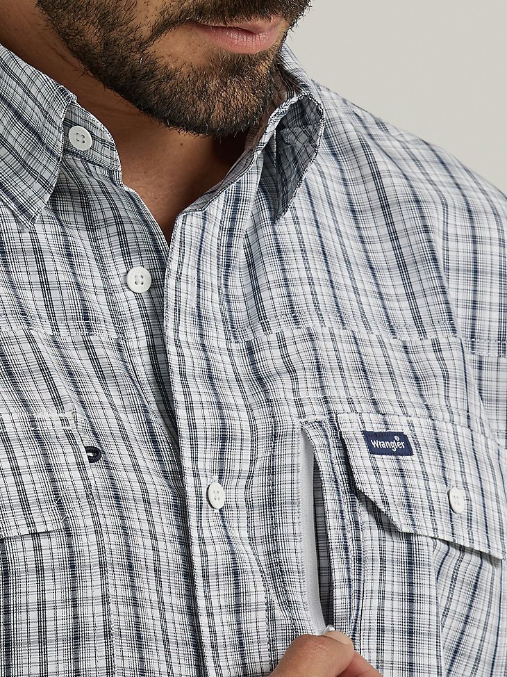 Men's Performance Button Front Long Sleeve Plaid Shirt in Navy Blue