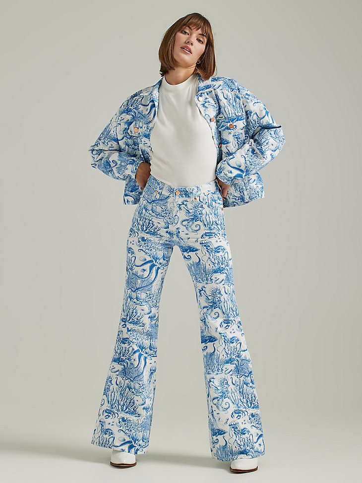 Women's Nautical Print Wanderer Flare Jean in Sailing Seven Seas