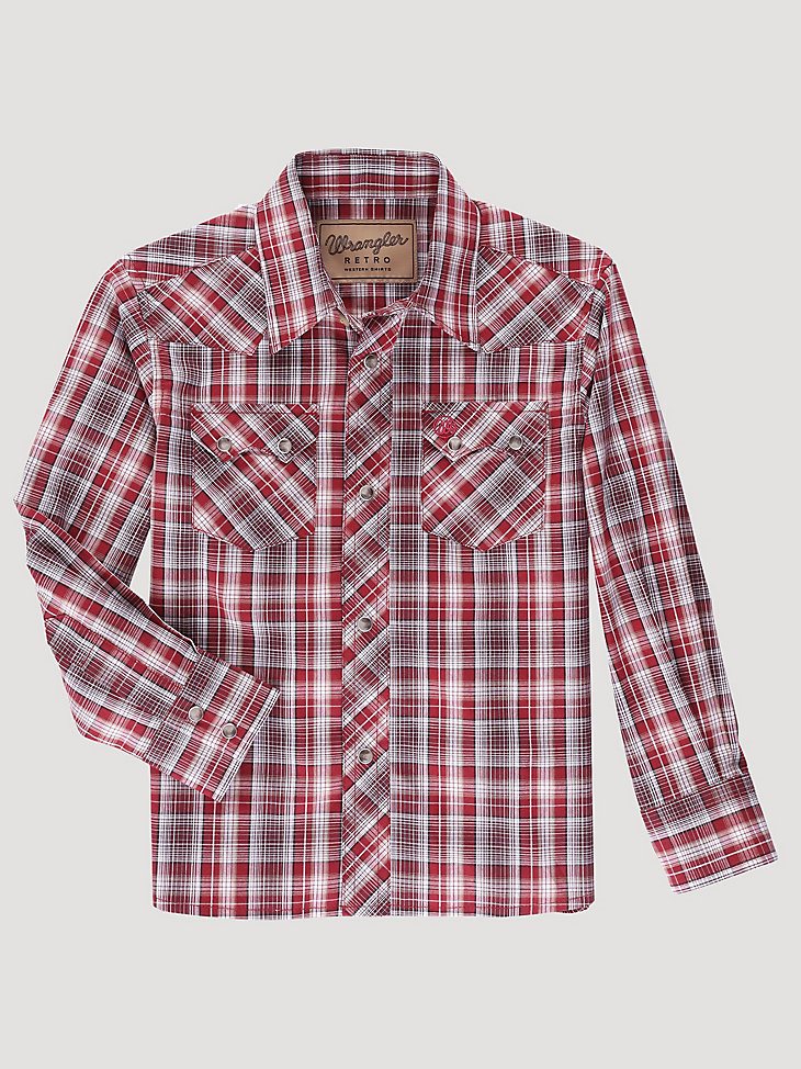 Boy's Wrangler Retro Western Snap Plaid Shirt with Front Sawtooth Pockets in Red Grey Plaid
