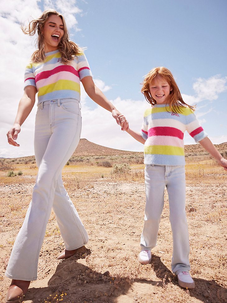 Wrangler x Barbie Girl's Fuzzy Sweater in Rainbow Stripe