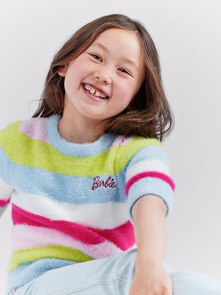 Wrangler x Barbie Girl's Fuzzy Sweater in Rainbow Stripe