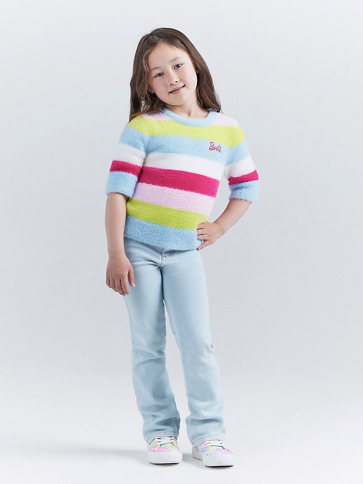 Wrangler x Barbie Girl's Fuzzy Sweater in Rainbow Stripe