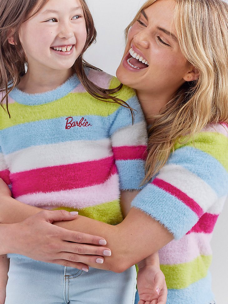 Wrangler x Barbie Girl's Fuzzy Sweater in Rainbow Stripe