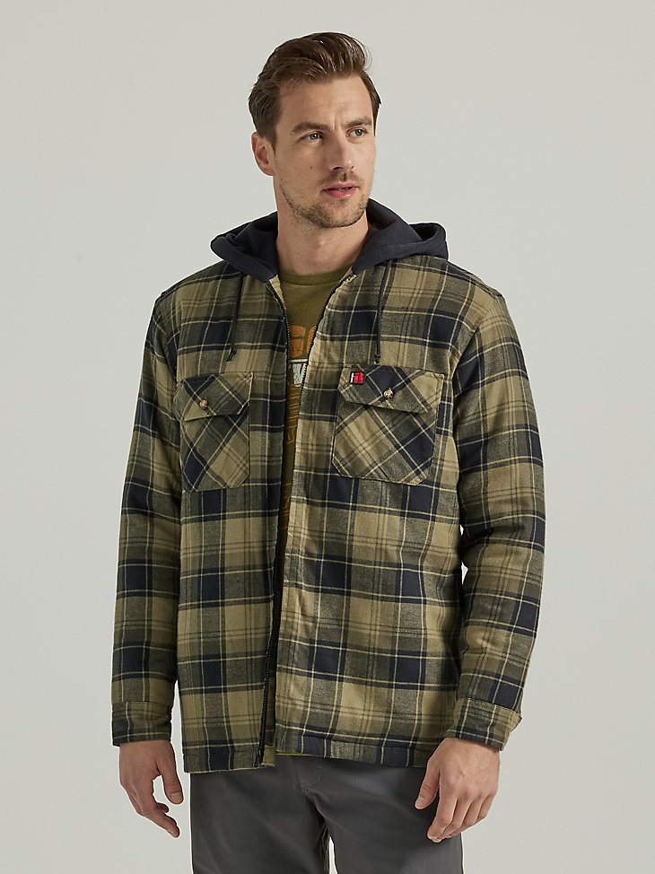Wrangler RIGGS Workwear Long Sleeve Hooded Flannel Work Jacket in Green