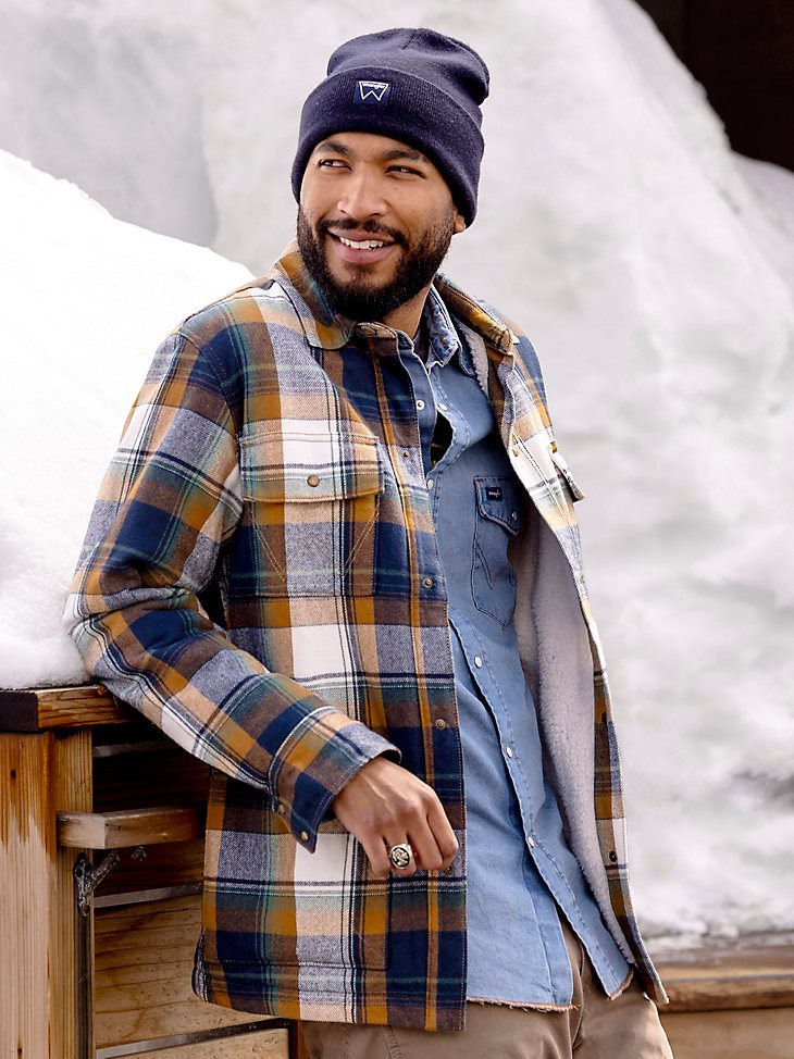 Men's Wrangler Sherpa Lined Flannel Shirt Jacket in Blue Spruce