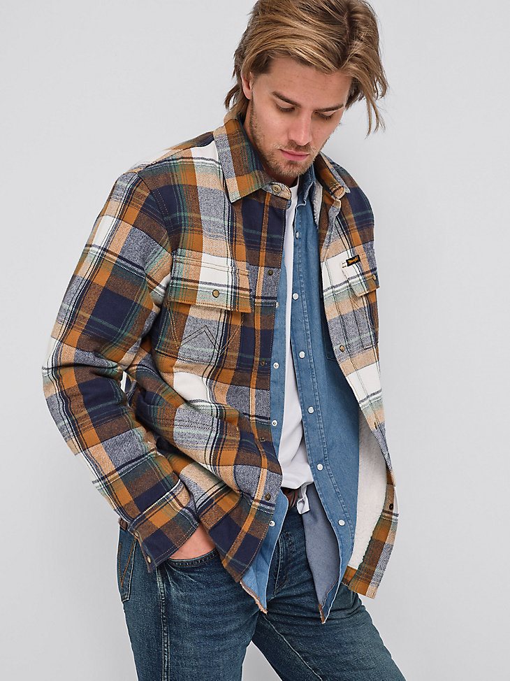 Men's Wrangler Sherpa Lined Flannel Shirt Jacket in Blue Spruce