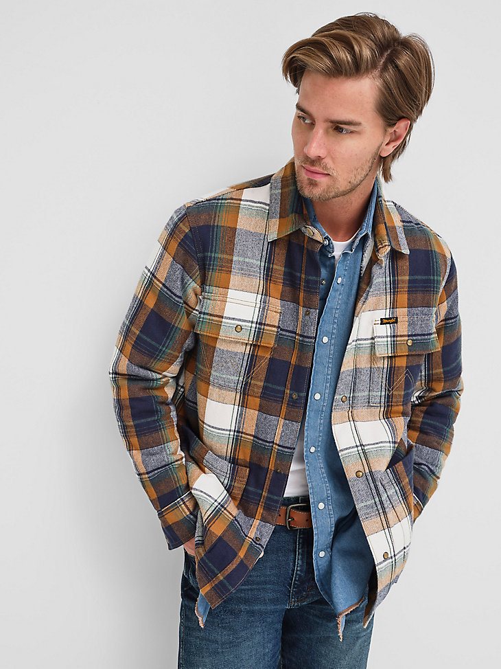 Men's Wrangler Sherpa Lined Flannel Shirt Jacket in Blue Spruce