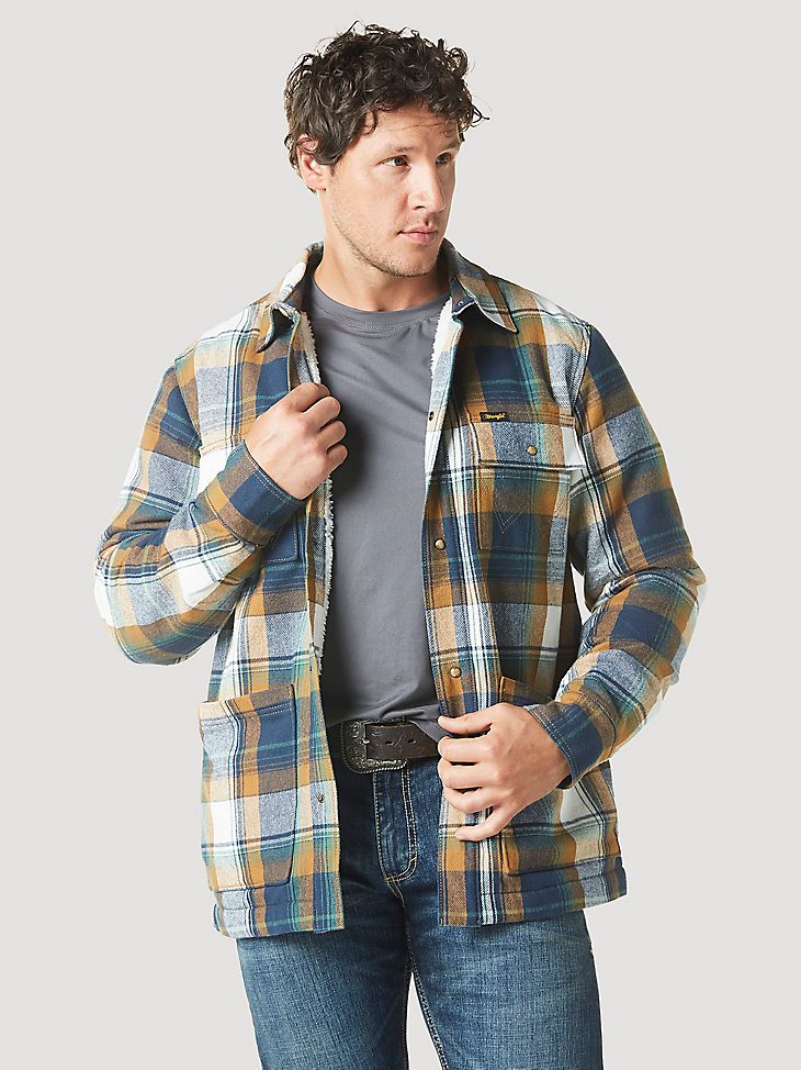 Men's Wrangler Sherpa Lined Flannel Shirt Jacket in Blue Spruce