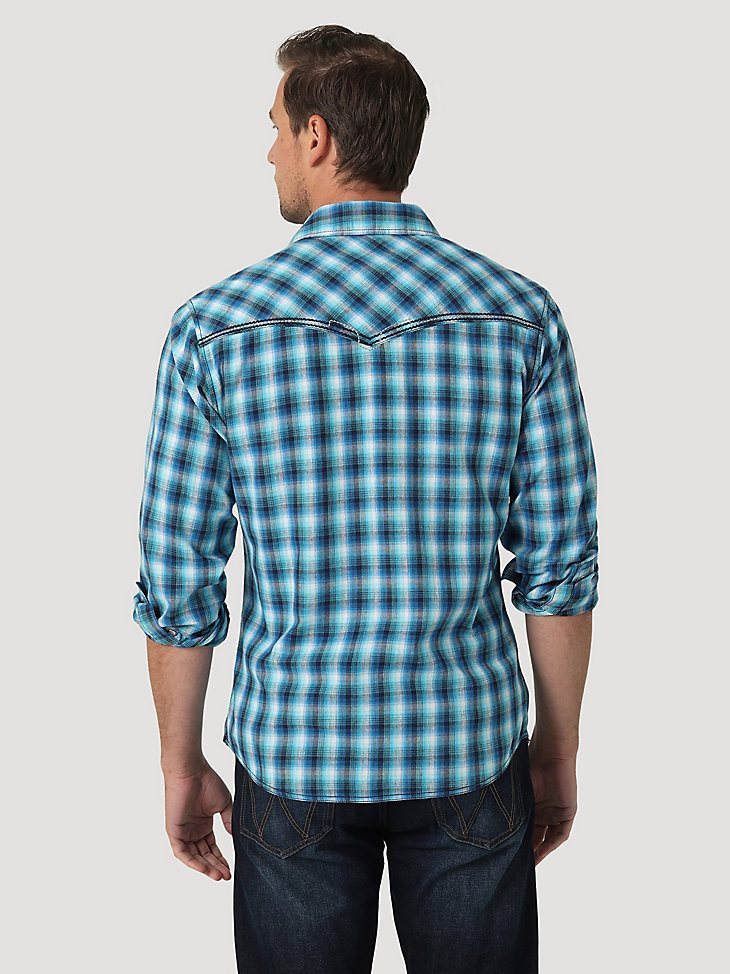 Men's Rock 47 by Wrangler Decorative Stitching Plaid Western Snap Shirt in Vibrant Blue